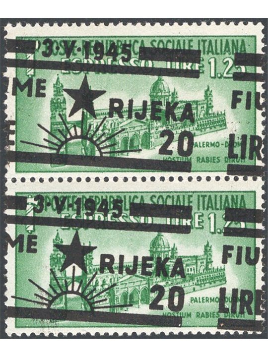 Fiume 1945 Monumenti distrutti Espresso 1,25 £ in coppia verticale con soprast. dell'occupazione obliqua e fortemente spostata a