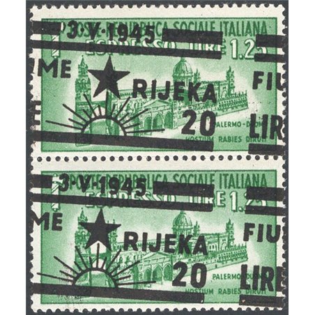 Rijeka 1945 Destroyed Monuments Express 1.25 £ in a vertical pair with an oblique and heavily left-shifted ‘Occupation’ overprin