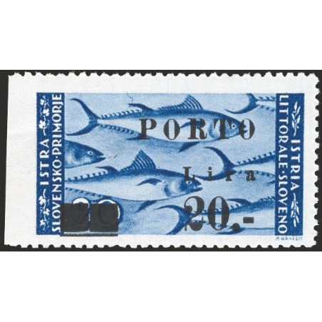 Istria e Litorale Sloveno 1946 Segnatasse Pittorica 20 £ azzurro soprast. non dent. a sinistra e tassello II sottolineato unico 