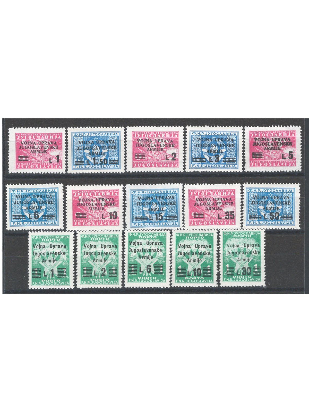 Litorale Sloveno (Ammin. Militare Jugoslava) 1947 Soprast. la serie completa serie n° 67/76 + St. 20/24 Cat. € 78 (**)
