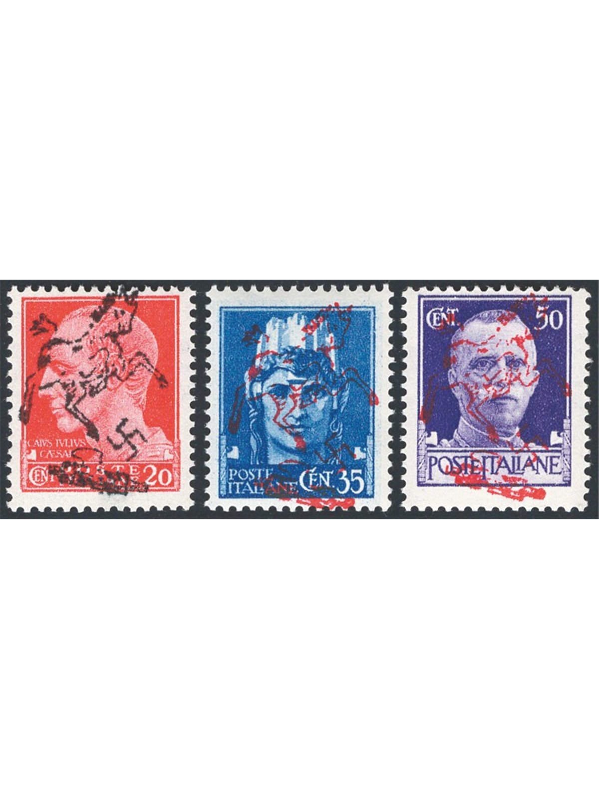 Naples Liberation from Nazi Occupation 1943 Imperial 20 + 35 + 50 c. with overprint of the anti-Nazi uprising CEI series no. 1A/