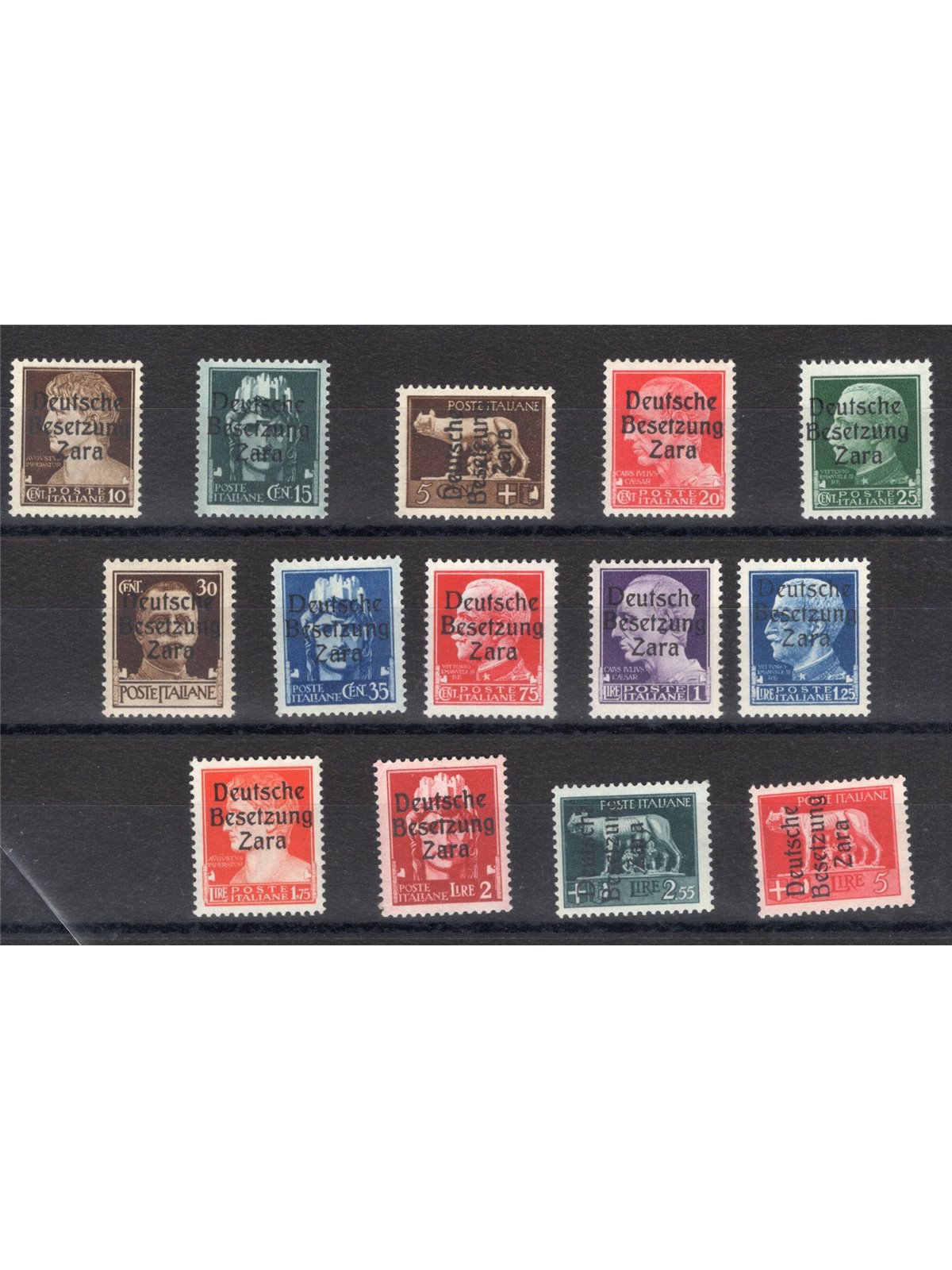 Zara 1943 Imperiale soprast. la serie senza gli alti valori serie n° 1/13 + 15 Cert. CiBaFil Cat. € 4.000 (**)