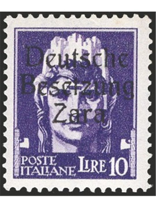 Zara 1943 Imperiale 10 £ violetto con soprast. dell'occupazione n° 14. Timbrino Ludin BPP Cert. CiBaFil Cat. € 5.000 (**)