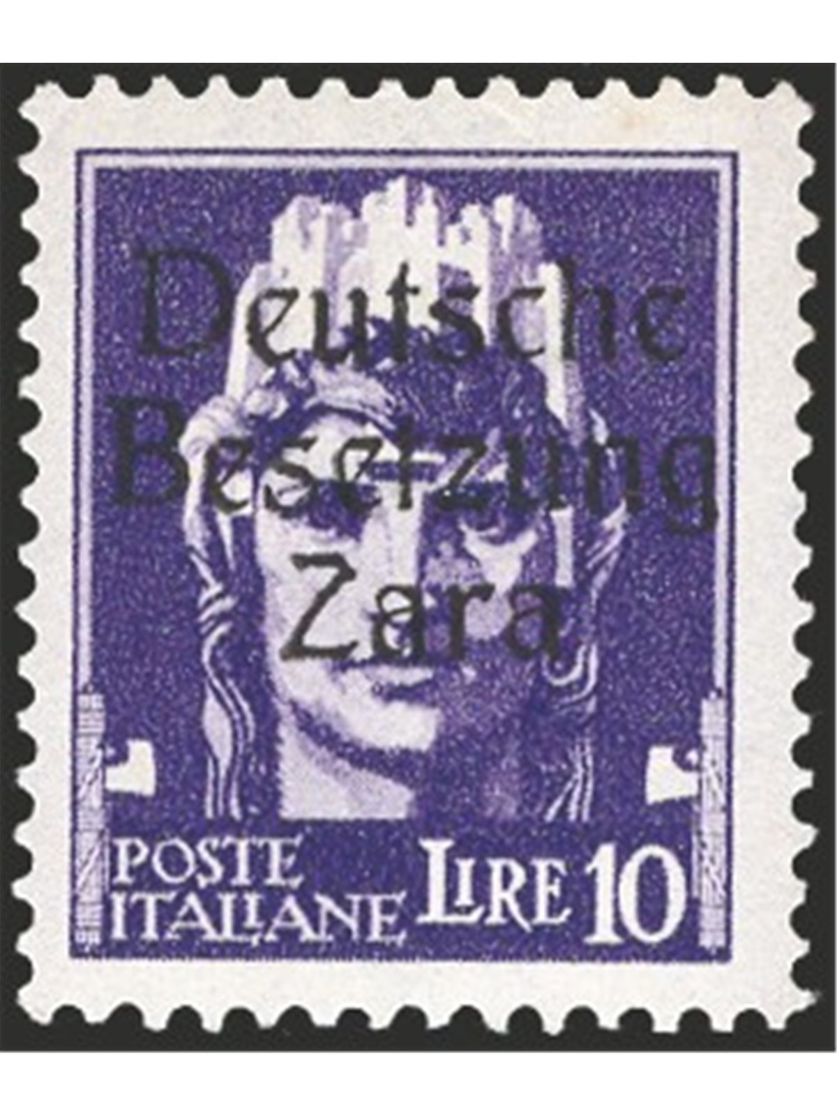 Zara 1 943 Imperial 10 £ violet with Occupation overprint No. 14. Ludin BPP stamp. CiBaFil Cert. Cat. €5,000 (**)