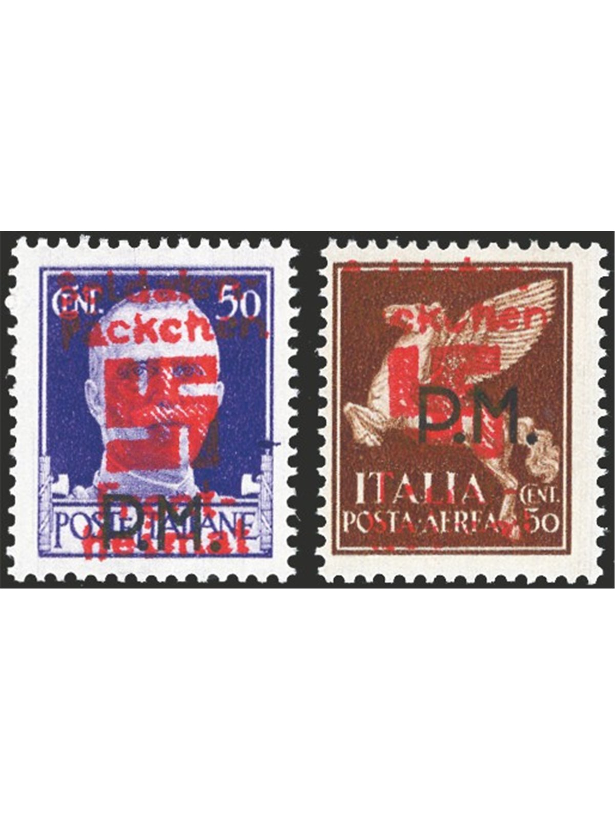 Aegean Thessaloniki 1944 Military postage 50 c. + P.A. 50 c. with occupation overprint without milky background series no. 2a/3a