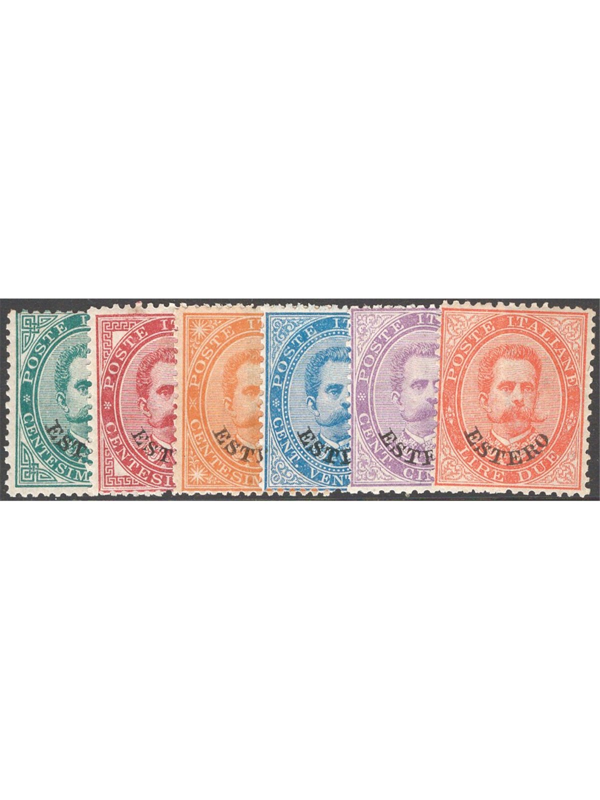 Levante Emissioni Generali 1881/83 Francobolli d'Italia con angoli modificati e soprast. "Estero" serie n° 12/17 Cat. € 80 (*)