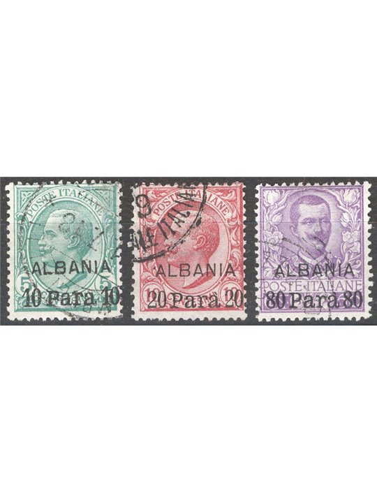Levant Albania 1907 Overprinted series no. 7/9 Cat. €140 (U)
