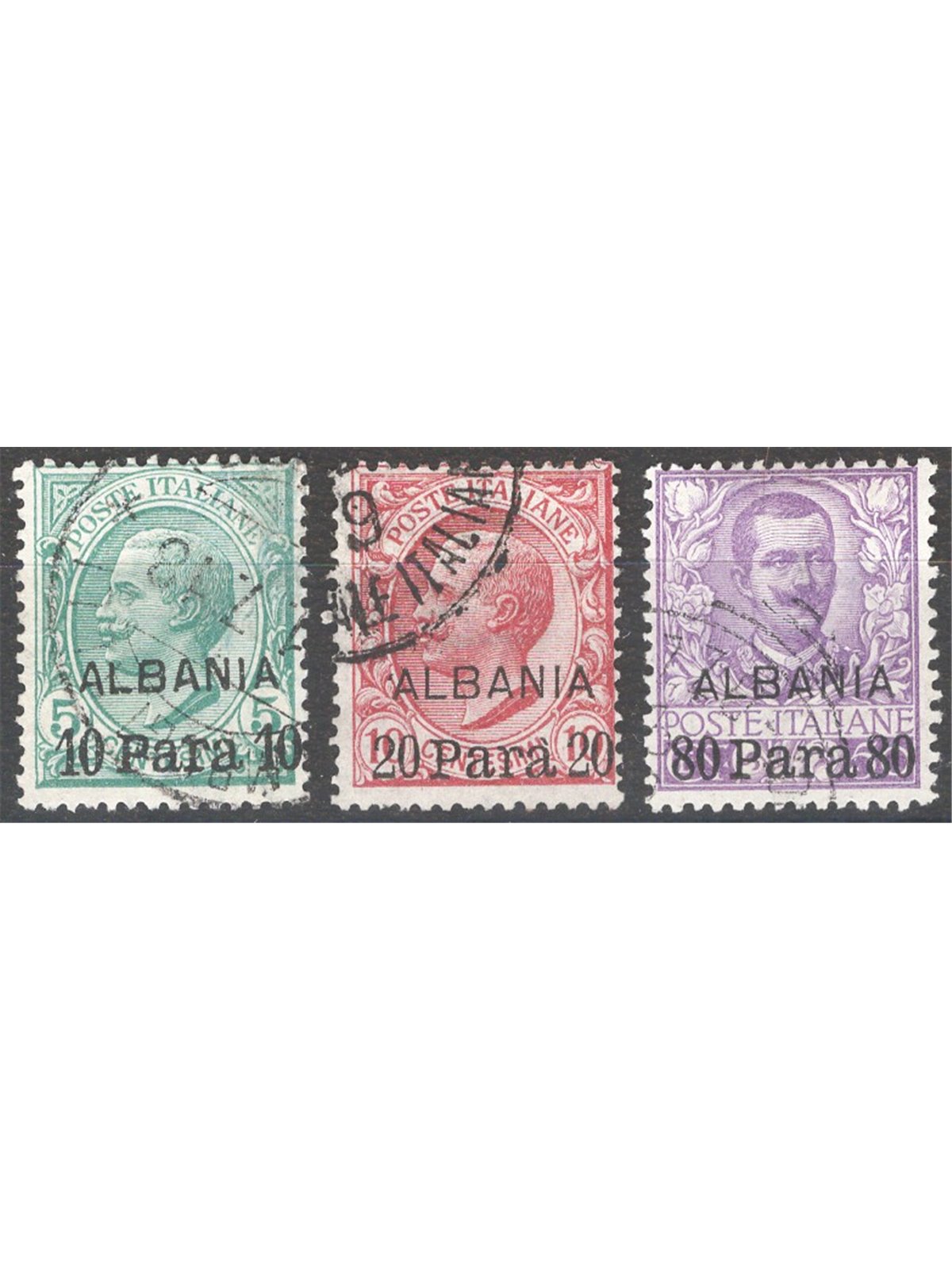 Levant Albania 1907 Overprinted series no. 7/9 Cat. €140 (U)
