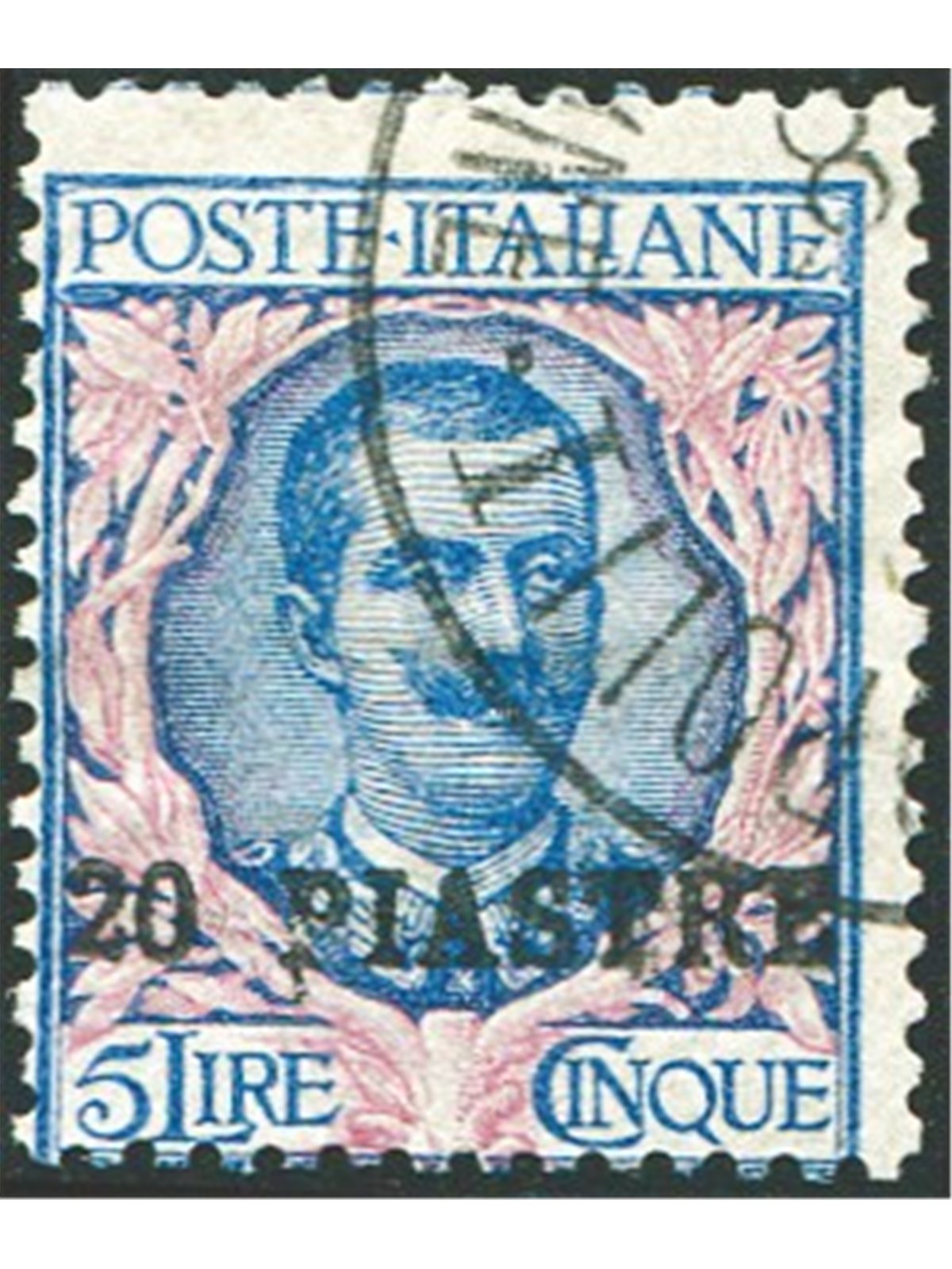 Levante Constantinople 1908 Floral 5 £ overprinted with new value 20 piastres no. 14. Signed AD. Biondi Certificate. Cat. € 8,00