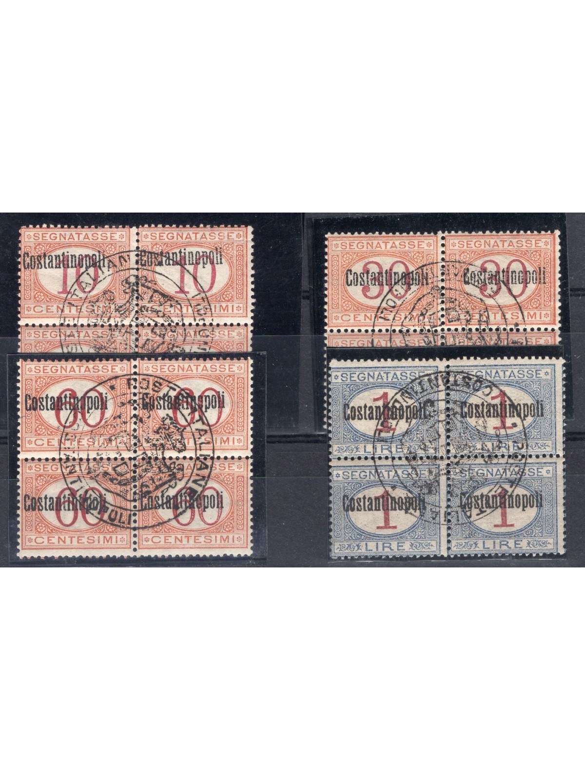 Levant Constantinople 1922 Postage mark in blocks of 4 with postal control mark in the centre and local overprint ‘Constantinopl