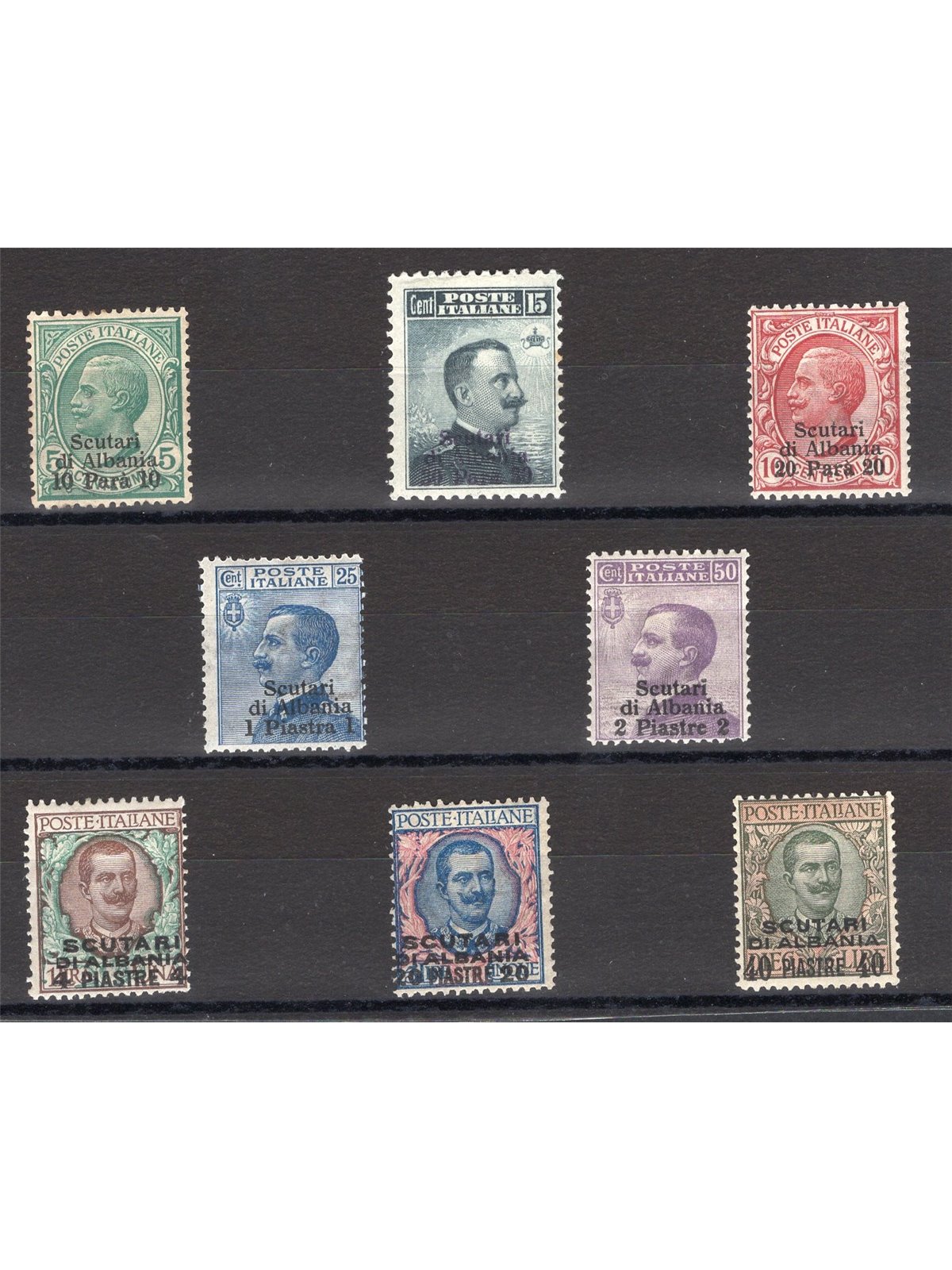 Levante Scutari di Albania 1909/11 Floreale soprast. serie n° 1/8 Cert. CiBaFil Cat. € 220 (*)