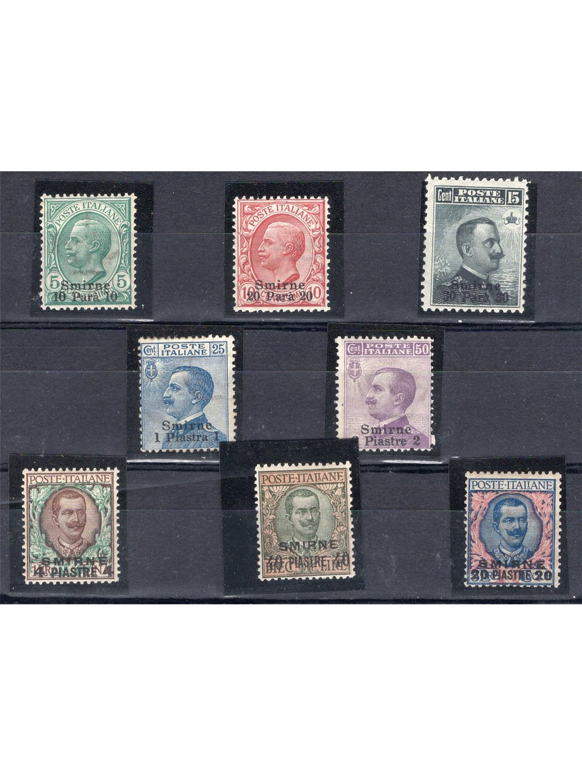 Levante Smirne 1909/11  Soprast. "Smirne" e nuovo valore serie n° 1/8 Cert. Biondi Cat. € 875 (**)