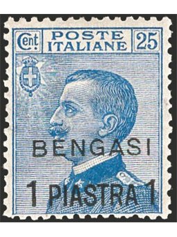 Levante Bengasi 1901 Michetti 25 c. azzurro soprast. n° 2 con ottima centratura Cert. CiBaFil Cat. € 700 (**)