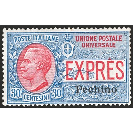 Cina Pechino 1918 Espresso d'Italia 30 c. azzurro e rosso con soprast. “Pechino” n° 1 Cat. € 85 (**) 