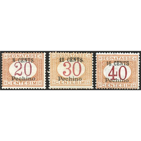 Cina Pechino 1918 Segnatasse soprast. serie n° 6/8 Cert. Biondi Cat. € 3.000 (**)