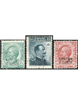 Cina Tientsin 1917 2 c. su 5 verde + 4 c. su 10 rosa + 6 c. su 15 grigio con annullo originale serie n° 1/3 Cert. Biondi Cat. € 