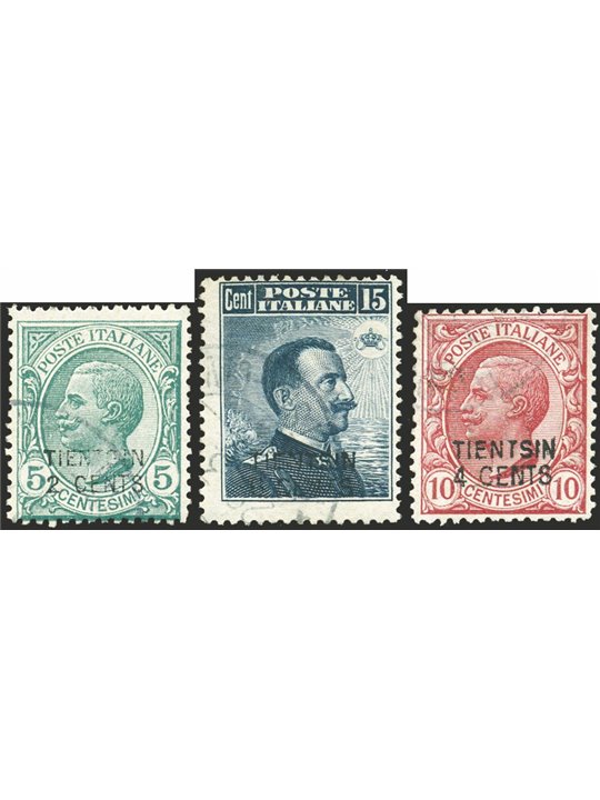 Cina Tientsin 1917 2 c. su 5 verde + 4 c. su 10 rosa + 6 c. su 15 grigio con annullo originale serie n° 1/3 Cert. Biondi Cat. € 