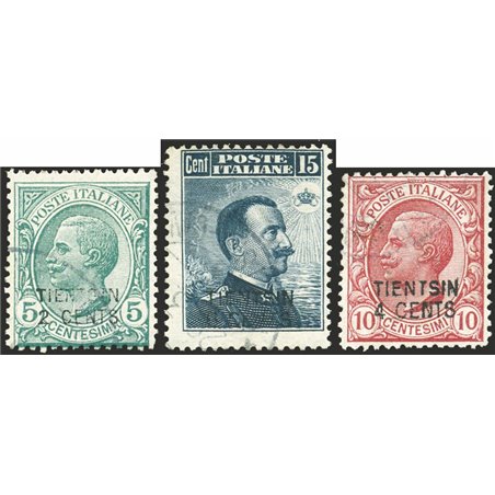China Tientsin 1917 2 c. on 5 green + 4 c. on 10 pink + 6 c. on 15 grey with original cancellation series no. 1/3. Biondi Certif