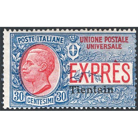 Cina Tientsin 1918 Espressi 30 c. azzurro e rosso soprast. n° 1 Cat. € 85 (**)