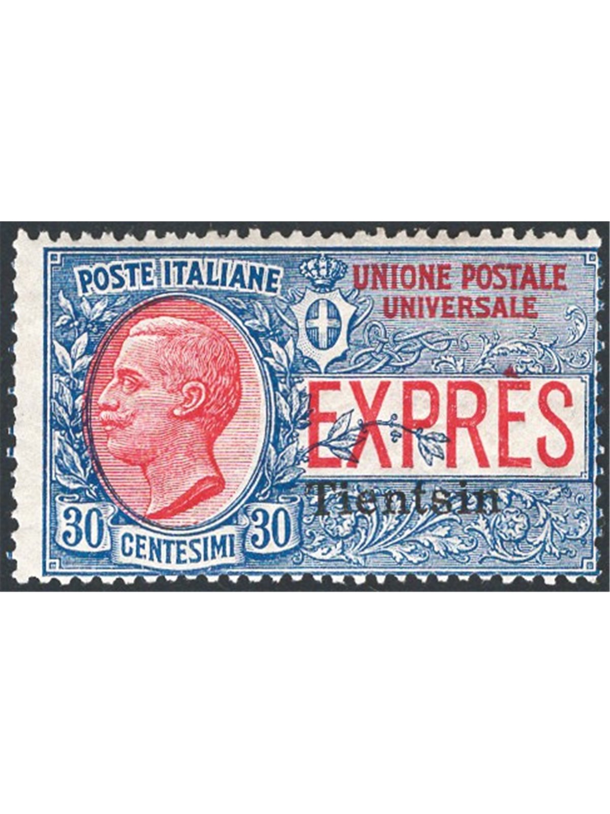 Cina Tientsin 1918 Espressi 30 c. azzurro e rosso soprast. n° 1 Cat. € 85 (**)