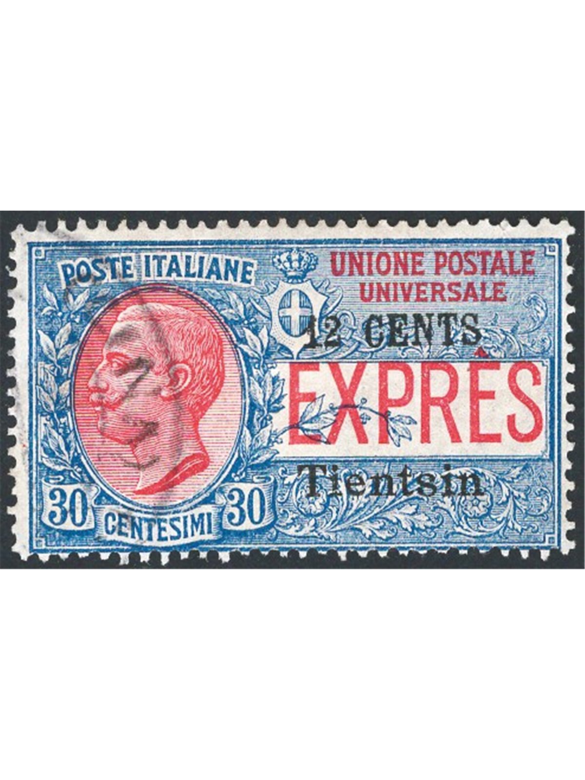 Cina Tientsin 1918 Espresso soprast. “Tientsin” a macchina e  12 c. su 30 c. a mano n° 2. Firm. AD ED Raybaudi Cert. CiBaFil Cat