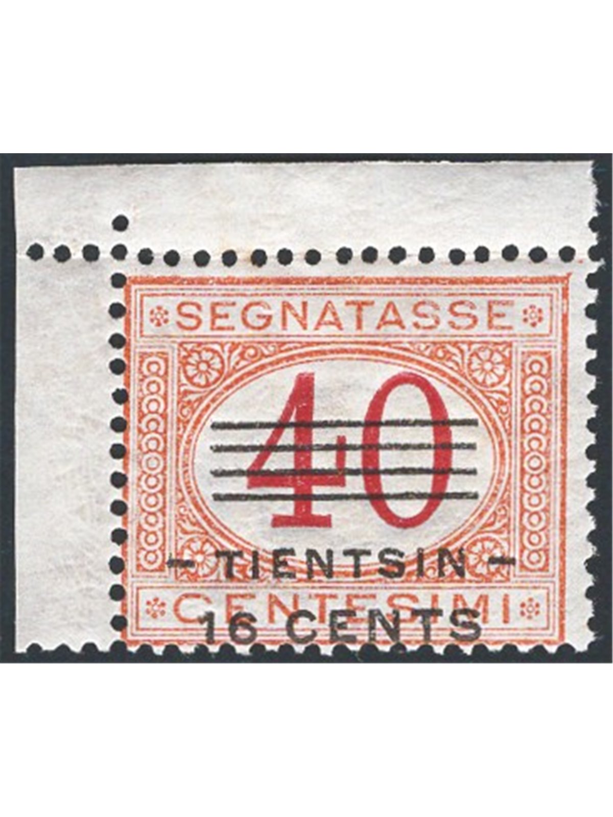 China Tientsin 1919 Overprinted tax stamp 40 c. orange and carmine with bars significantly shifted downwards no. 12b. CiBaFil ce