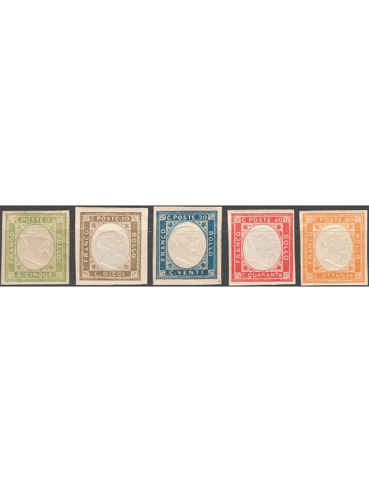 Italy 1861 Neapolitan Provinces Victor Emmanuel in relief unissued series no. 1/5 Cert. Cilio Cat. €750 (**)