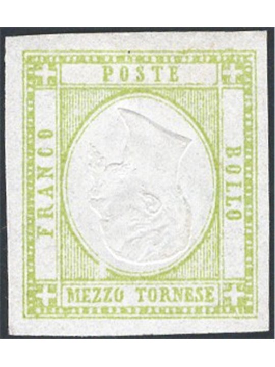 Italia 1862 Prov. Napoletane Vitt. Emanuele ½ t. verde con effigie capovolta n° 17h. Firm. Em. Diena Cert. CiBaFil Cat. € 550 (*