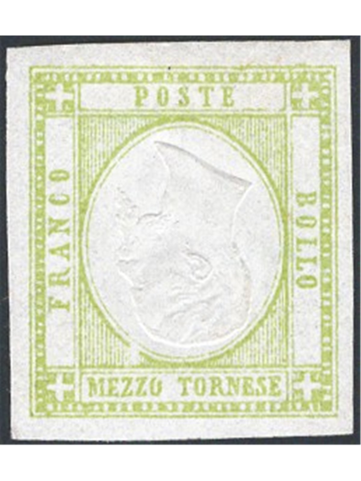 Italia 1862 Prov. Napoletane Vitt. Emanuele ½ t. verde con effigie capovolta n° 17h. Firm. Em. Diena Cert. CiBaFil Cat. € 550 (*