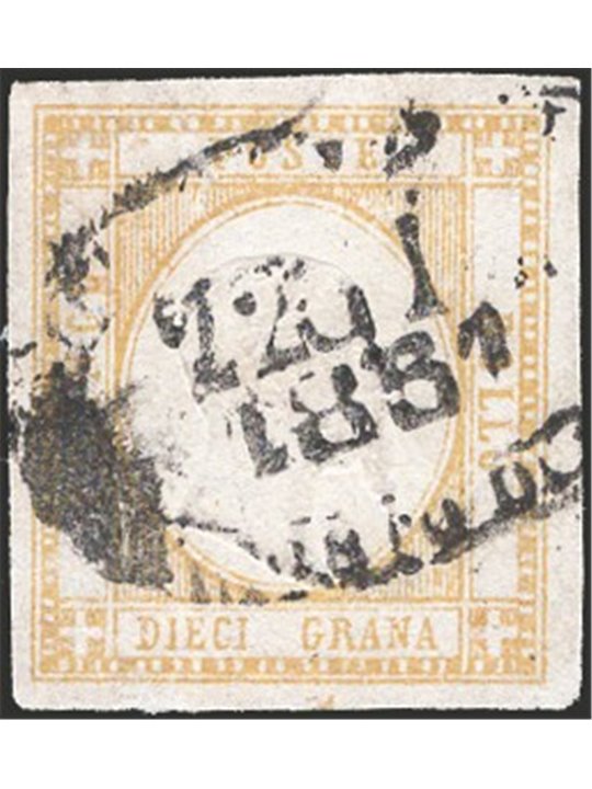 Italia 1861 Prov. Napoletane Vitt. Emanuele in rilievo 10 gr. arancio con timbro ovale con data n° 22 Cert. Biondi Cat. € 650 (U