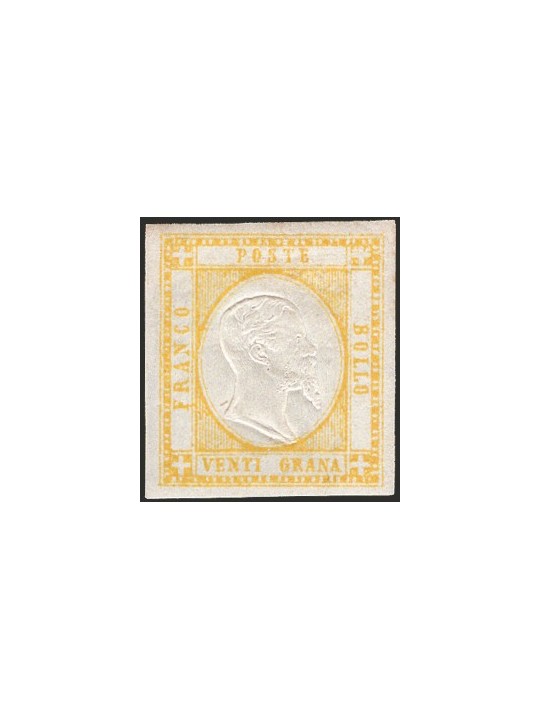 Italia 1861 Prov. Napoletane Vitt. Emanuele in rilievo 20 gr. giallo n° 23. Firm. Chia AD Cert. CiBaFil Cat. € 2.000 (**)