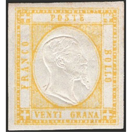 Italia 1861 Prov. Napoletane Vitt. Emanuele in rilievo 20 gr. giallo n° 23. Firm. Chia AD Cert. CiBaFil Cat. € 2.000 (**)