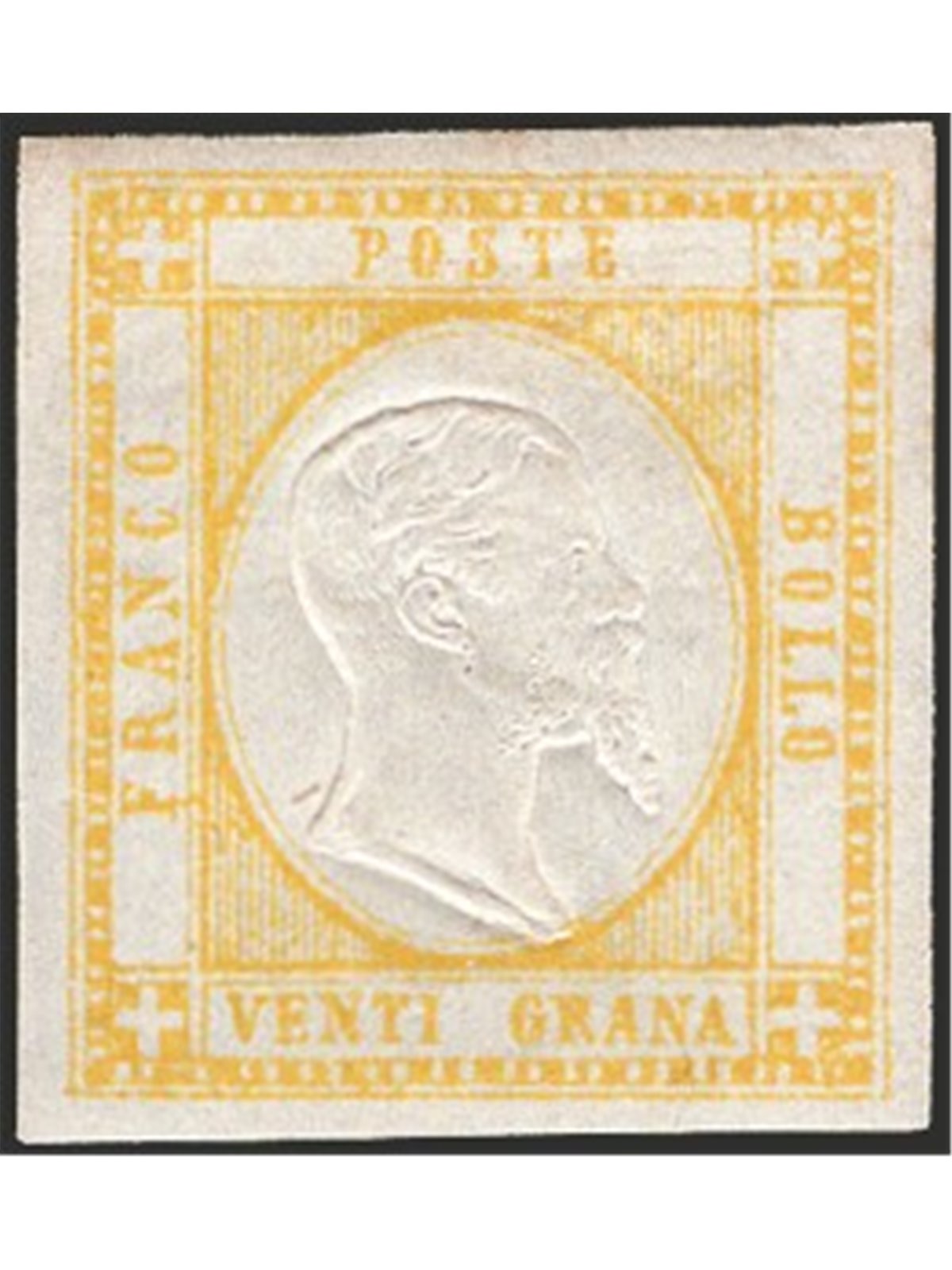 Italia 1861 Prov. Napoletane Vitt. Emanuele in rilievo 20 gr. giallo n° 23. Firm. Chia AD Cert. CiBaFil Cat. € 2.000 (**)