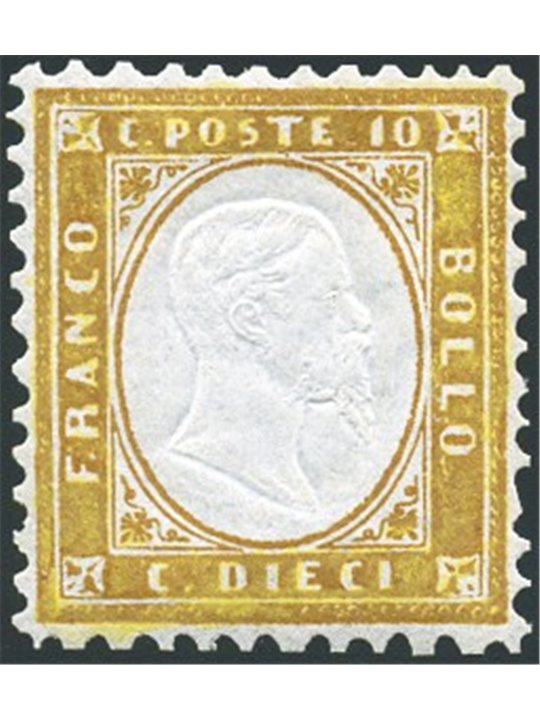 Italia 1862 Vitt. Emanuele 10 c. bistro giallastro n° 1 con ottima centratura. Firm. Bolaffi AD AD Cert. Biondi Cat. € 24.000 (*