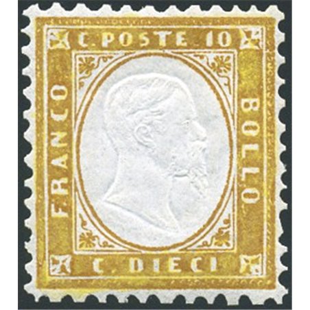 Italia 1862 Vitt. Emanuele 10 c. bistro giallastro n° 1 con ottima centratura. Firm. Bolaffi AD AD Cert. Biondi Cat. € 24.000 (*