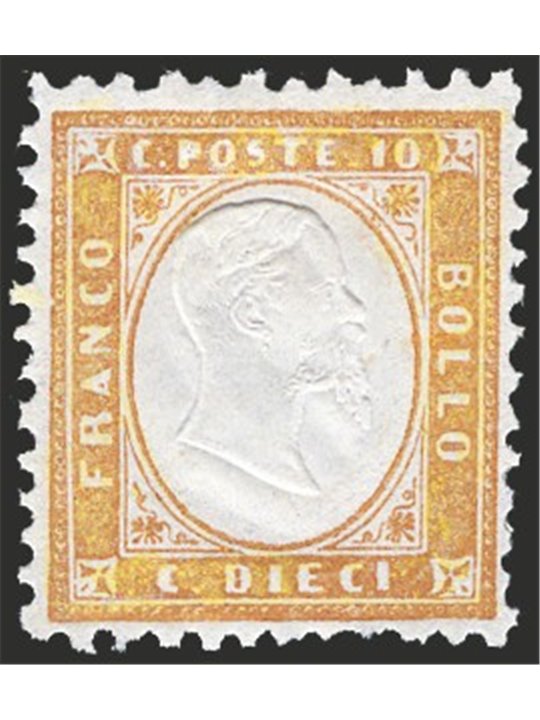 Italia 1862 Vitt. Emanuele 10 c. bistro giallastro n° 1 Cert. Biondi Cat. € 12.000 (**)
