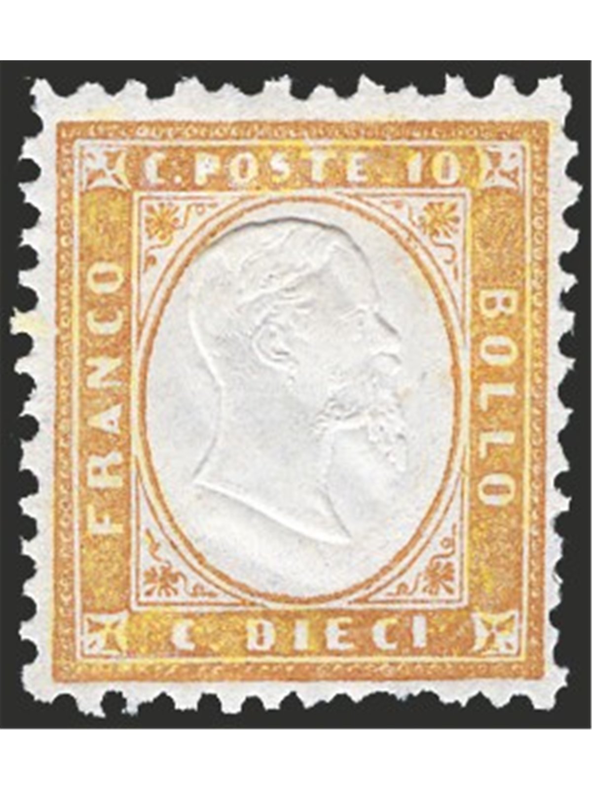 Italia 1862 Vitt. Emanuele 10 c. bistro giallastro n° 1 Cert. Biondi Cat. € 12.000 (**)