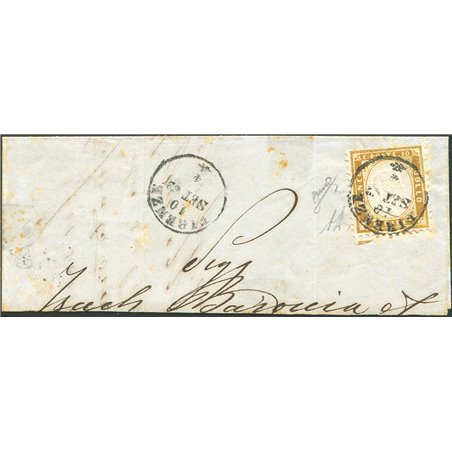 Italia 1862 Vitt. Emanuele 10 c. bistro su grosso frammento annullato a Firenze n° 1. Firm. AD Cert. Biondi Cat. € 950 (Fr)