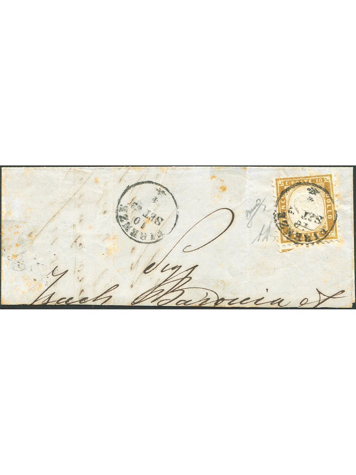 Italy 1862 Victor Emmanuel 10 c. brown on a large fragment cancelled in Florence No. No. 1. Signed AD. Certified by Biondi. Cata