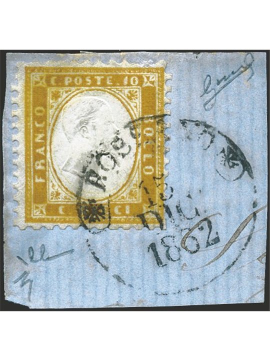 Italia 1862 Vitt. Emanuele 10 c. bistro arancio su frammento con annullo "Rossano 15 Dic 1862" n° 1g. Firm. Chia Cert. Biondi Ca