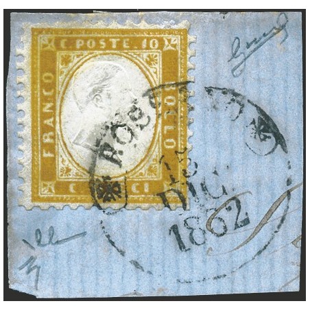 Italia 1862 Vitt. Emanuele 10 c. bistro arancio su frammento con annullo "Rossano 15 Dic 1862" n° 1g. Firm. Chia Cert. Biondi Ca