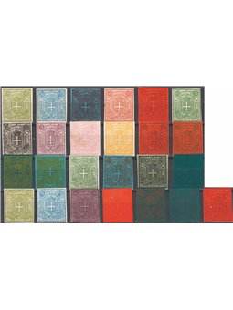 Italia 1862 Saggi piccola collezione composta da 25 ristampe dei saggi “Sparre” da 15 c. in vari colori dette ristampe venivano 