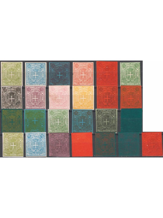 Italia 1862 Saggi piccola collezione composta da 25 ristampe dei saggi “Sparre” da 15 c. in vari colori dette ristampe venivano 