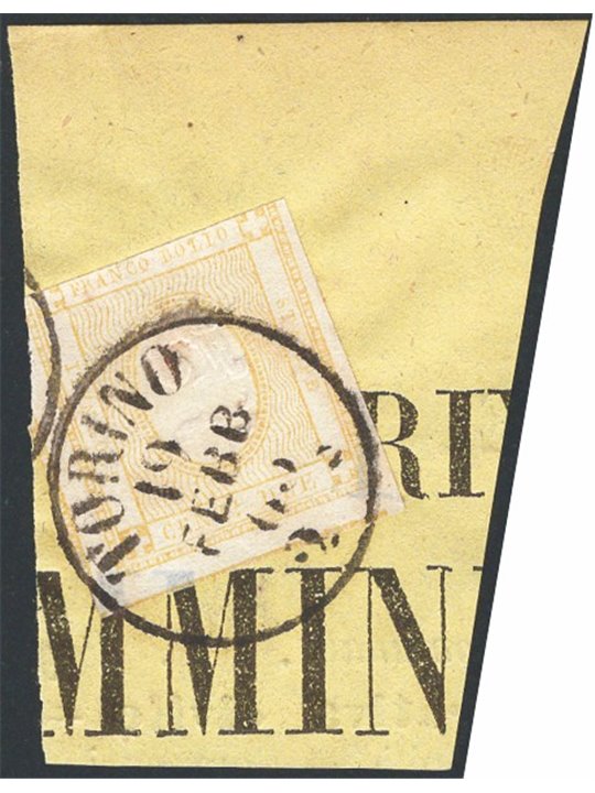 Italia 1862 Cifra in rilievo 2 c. bistro su frammento di giornale n° 10 Cat. € 190 (Fr)