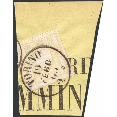 Italy 1862 Embossed numeral 2 c. bistro on a newspaper fragment No. 10 Cat. € 190 (Fr)