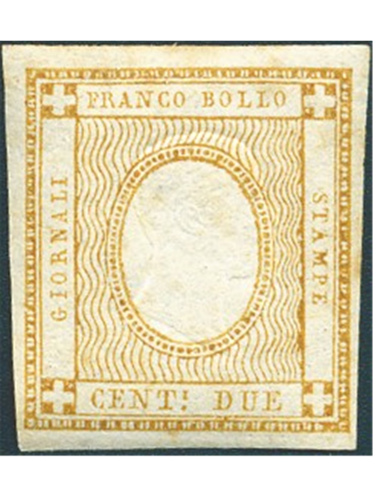 Italia 1862 Vitt. Emanuele francobollo sperimentale 2 c. bistro cornice del 2 c. n° 10 con al centro l'effigie del re al posto d