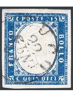 Italia 1863 Vitt. Emanuele 15 c. azzurro 1° mese d'uso n° 11. Firm. Bolaffi Cert. IC (U)