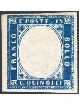 Italia 1863 Vitt. Emanuele 15 c. azzurro senza effigie con gomma originale n° 11m Cert. CiBaFil Cat. € 1.100 (*)