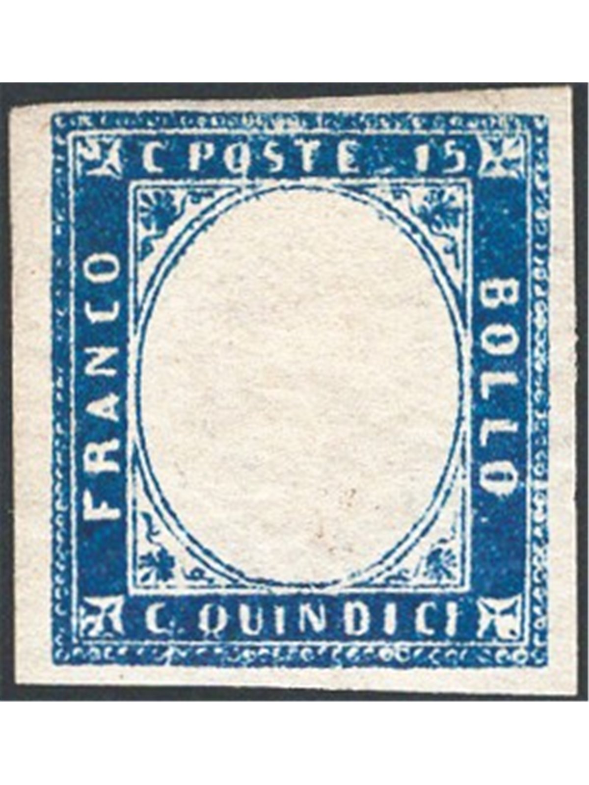 Italy 1863 Victor Emmanuel 15 c. light blue without effigy with original gum No. 11m certified by CiBaFil Cat. €1,100 (*)