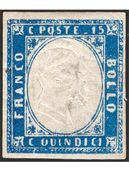 Italia 1863 Vitt. Emanuele 15 c. azzurro con doppia effigie n° 11k. Firm. Chia Cert. CiBaFil Cat. € 300 (*)
